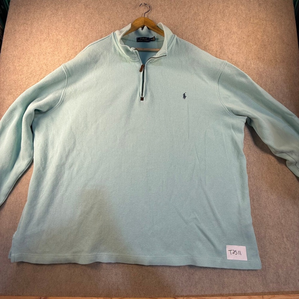 Polo Ralph Lauren Mens 3XLT Light Blue Ribbed 1/4 Zip Pullover Sweater Big Tall